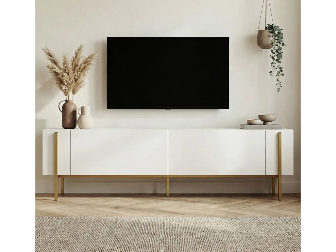 Meuble TV en bois "Nexus" - 180 x 30 x 45 cm - Blanc / Or