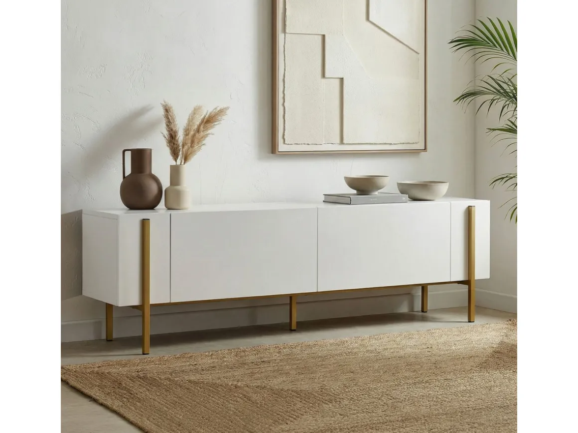 Meuble TV en bois "Nexus" - 180 x 30 x 45 cm - Blanc / Or