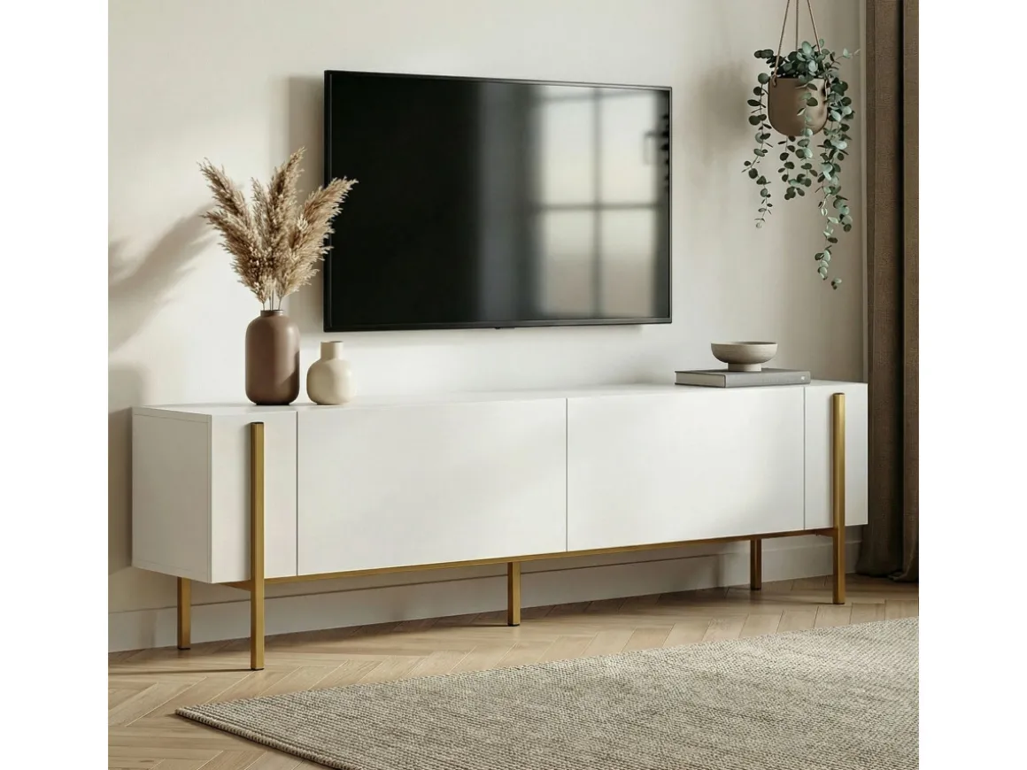 Meuble TV en bois "Nexus" - 180 x 30 x 45 cm - Blanc / Or