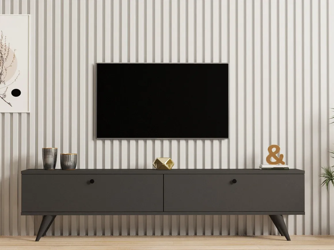 Meuble TV en bois "Parlak" - 160 x 25 x 40 cm - Gris anthracite