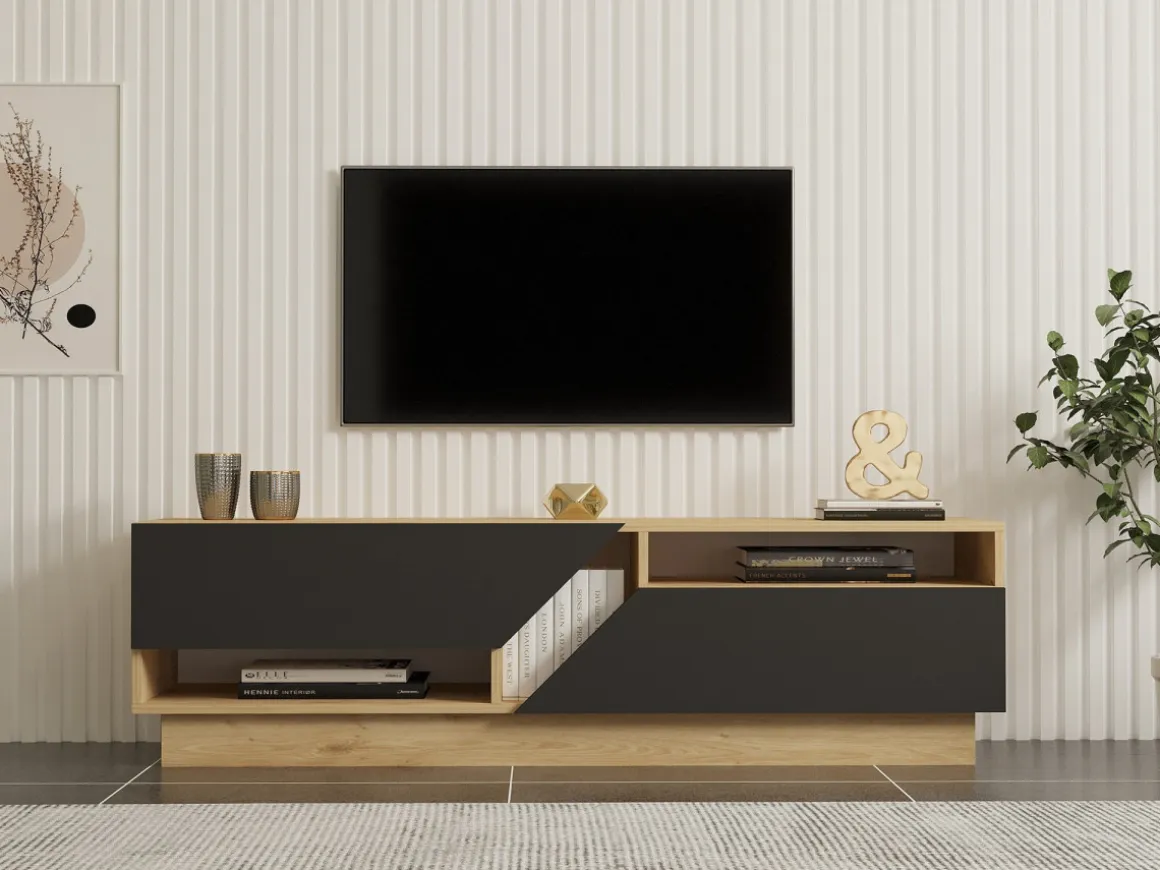 Meuble TV en bois "Yaprak" - 160 x 40 x 45 cm - Saphir, Anthracite