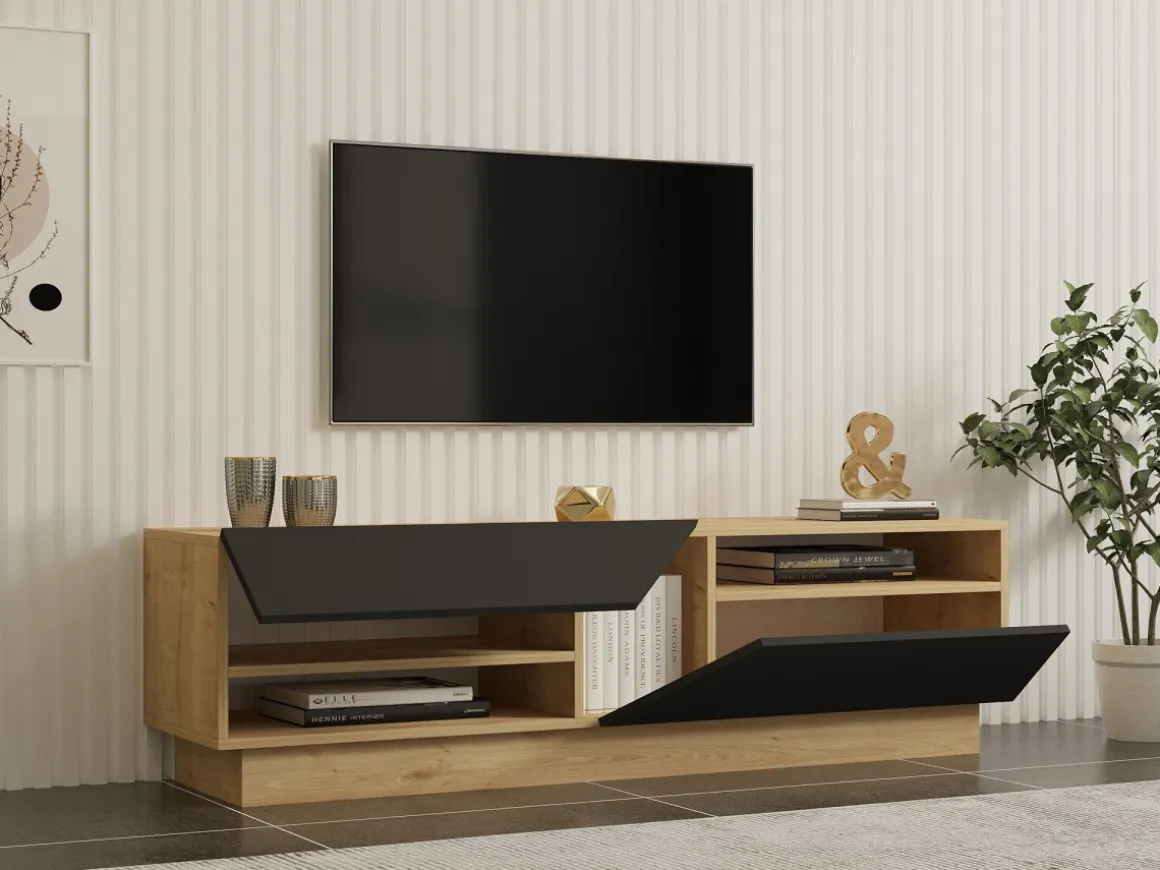 Meuble TV en bois "Yaprak" - 160 x 40 x 45 cm - Saphir, Anthracite