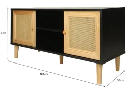 Meuble TV scandinave en cannage "Iguane" - 120 x 30 x 56.5 cm - Noir