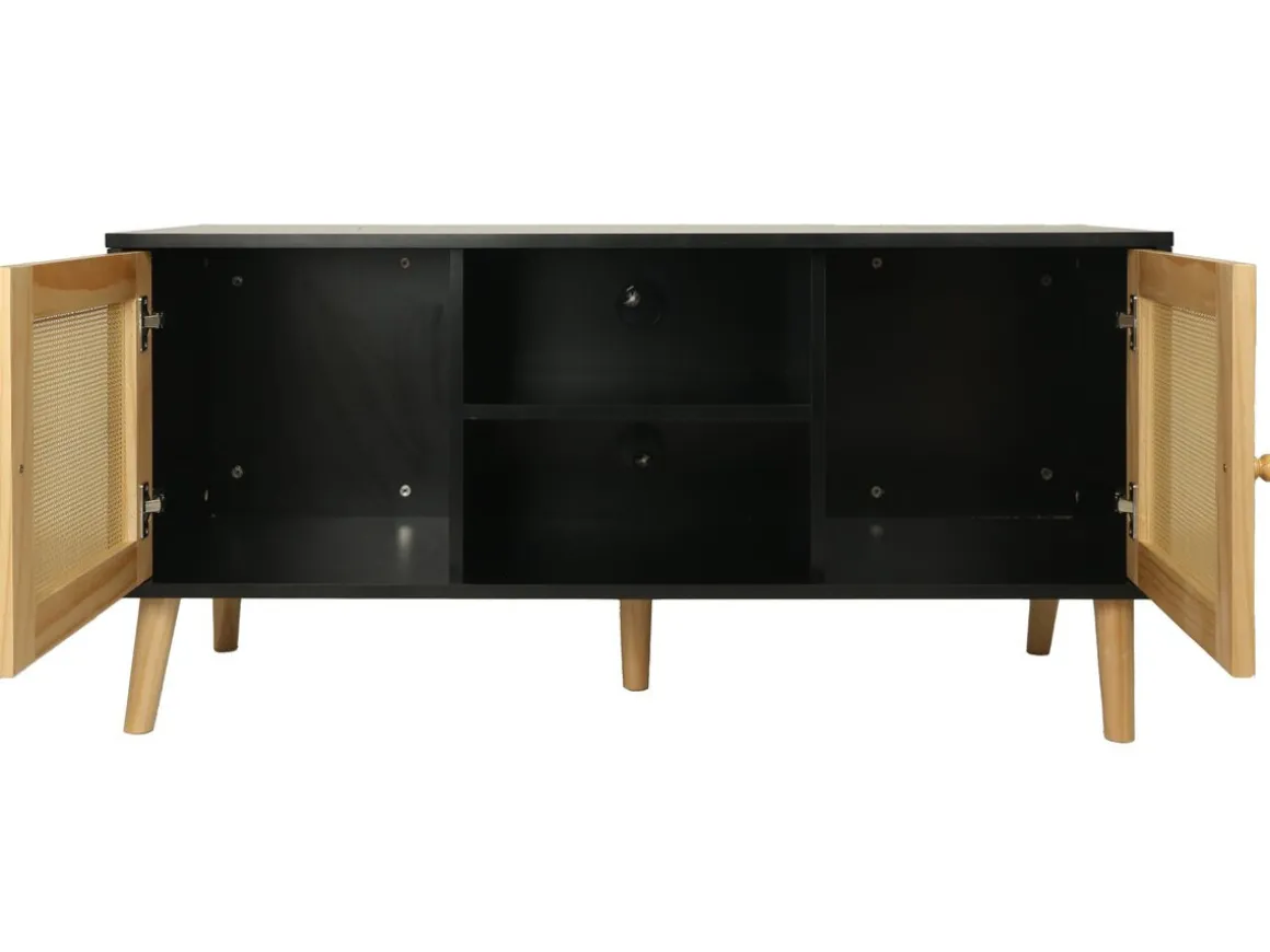 Meuble TV scandinave en cannage "Iguane" - 120 x 30 x 56.5 cm - Noir