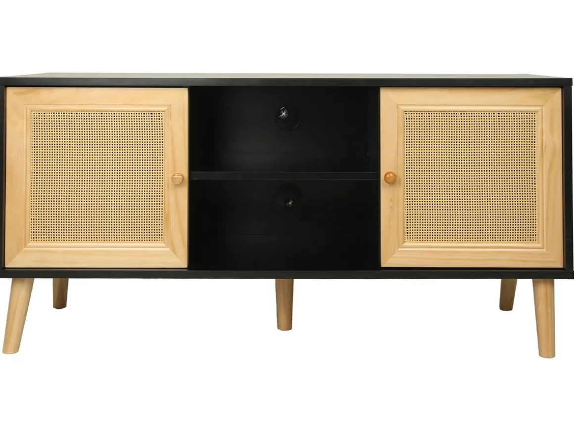 Meuble TV scandinave en cannage "Iguane" - 120 x 30 x 56.5 cm - Noir
