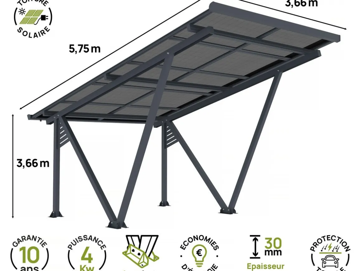 Ombrière Carport solaire avec panneaux photovoltaïques - 366 x 575 x 366 cm - Gris - 4,1 kW