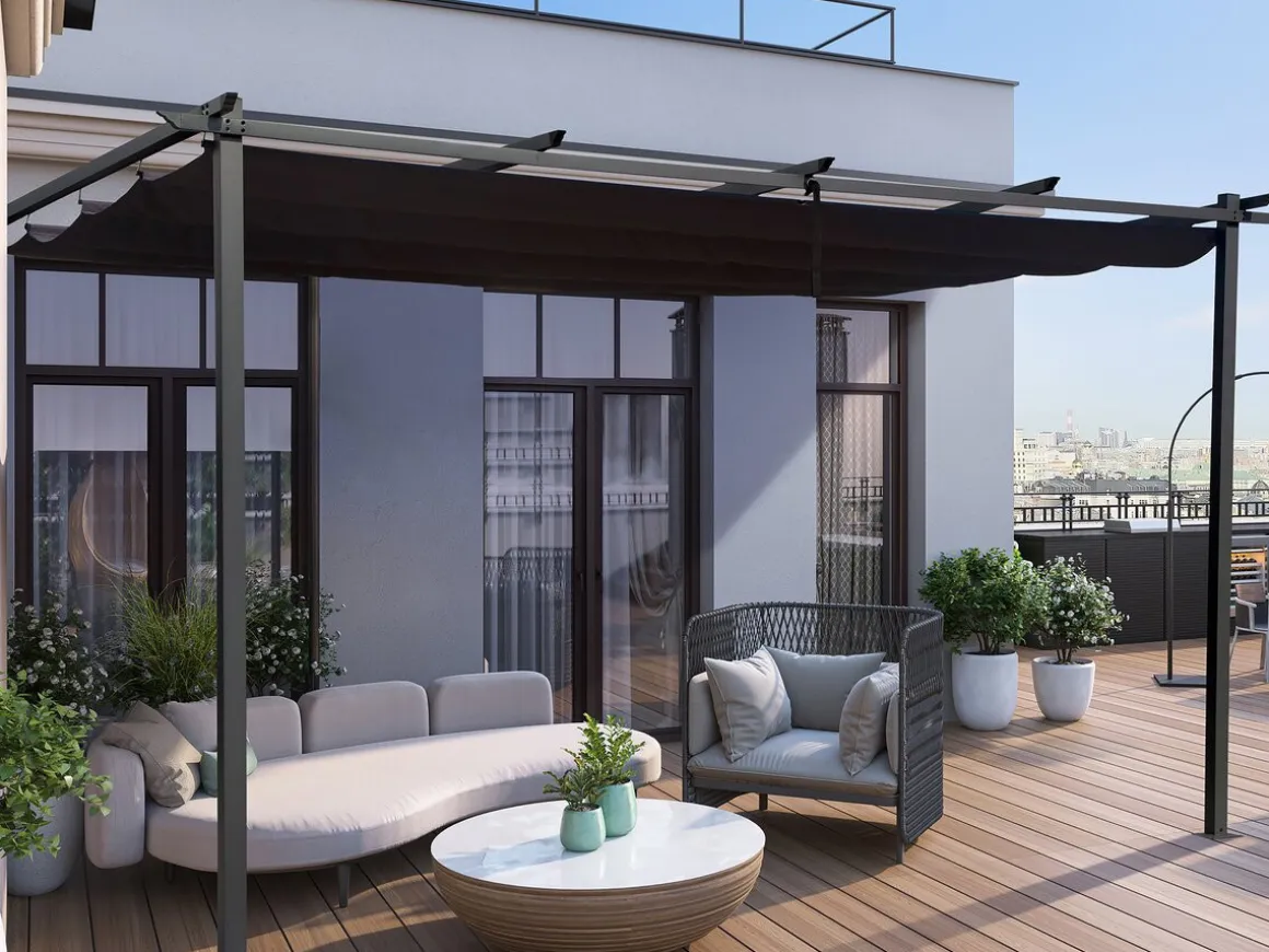 Pergola adossée en aluminium avec toit rétractable- 3 x 4 m - Gris
