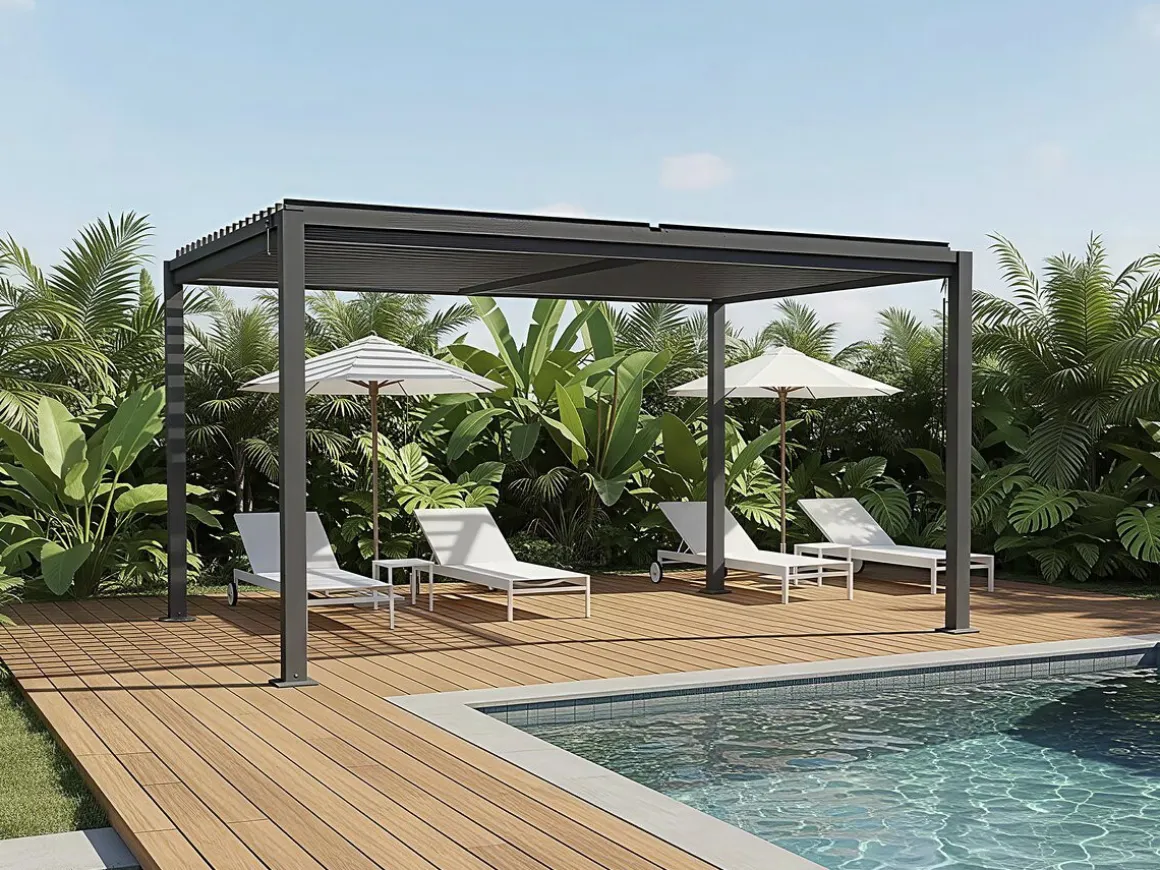 Pergola bioclimatique autoportante avec lames orientables "Howard" - 3 x 4 m - Gris