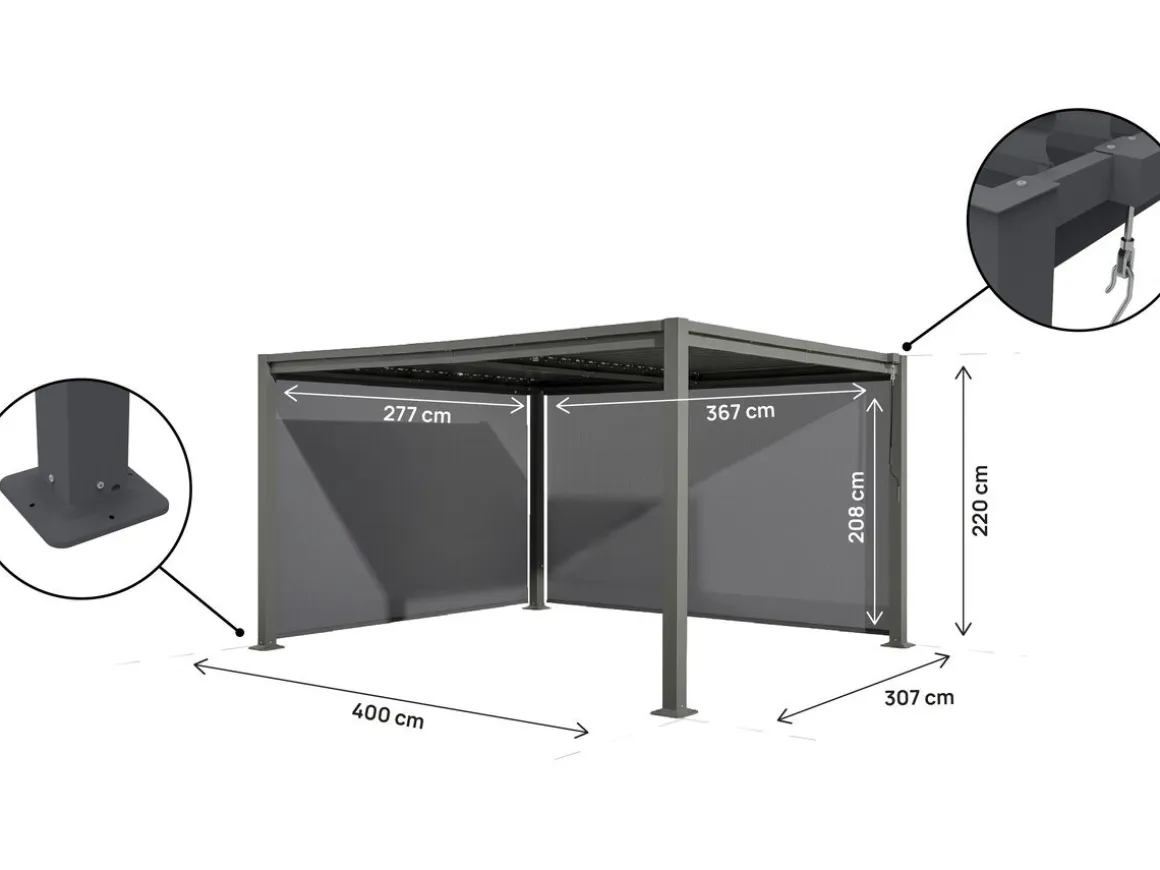 Pergola bioclimatique avec 2 stores en acier galvanisé "Howard" - 3 x 4 m - Gris