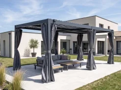 Pergola bioclimatique en aluminium avec rideau et moustiquaire "Kensington" - 3 x 5 m - Gris