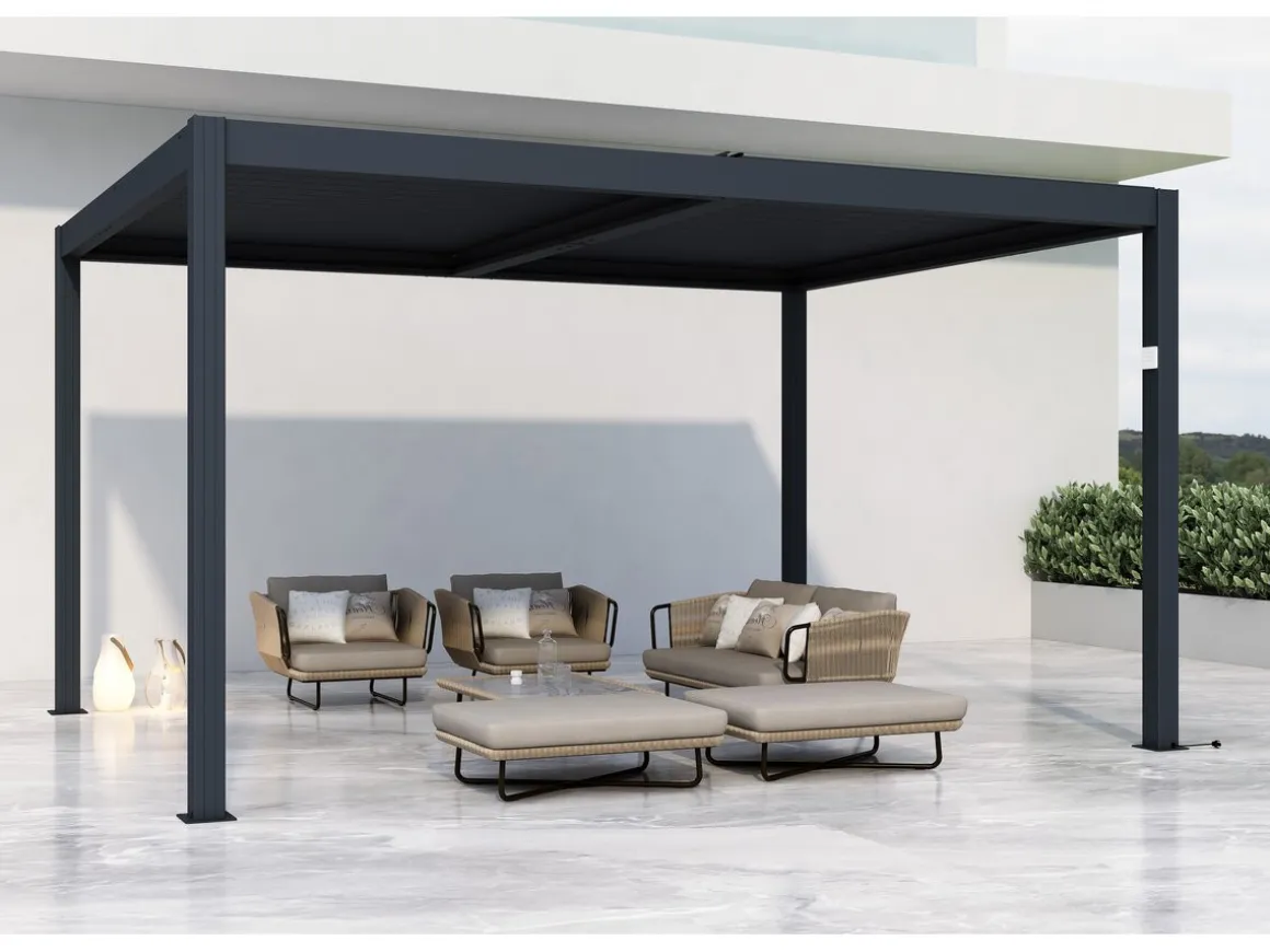 Pergola bioclimatique motorisé avec led "Windsor" en aluminium 3 x 4 - Gris