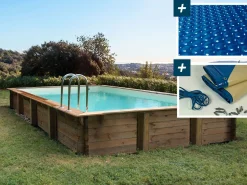 Piscine bois en kit rectangle "Sunrise " - 8.20 x 5.20 x 1.44 m + Bâche à bulles 400 µ - Bâche hiver 280 g/m²