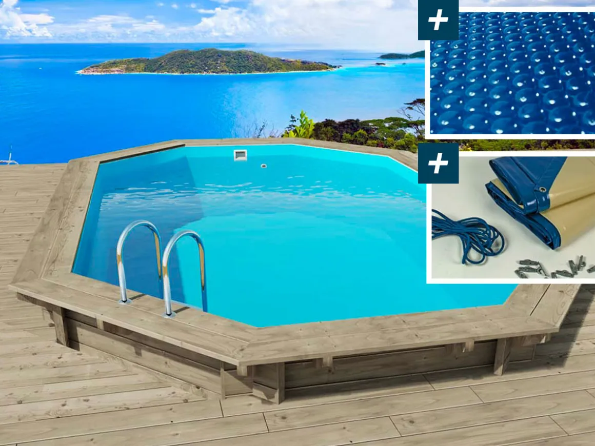 Piscine bois " Miami 145 " - 4.86 x 3.36 x 1.45 m + Bâche à bulles 180 µ + Bâche hiver 280 gr/m²