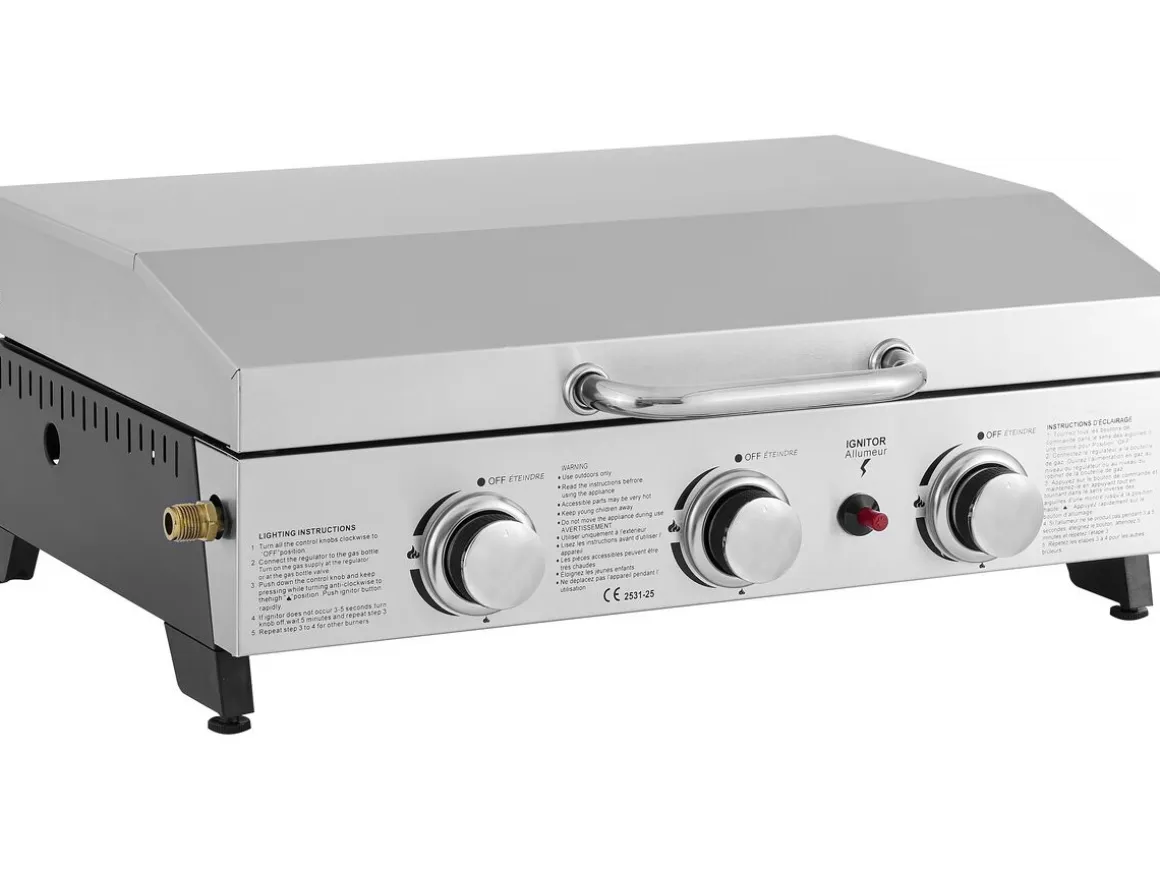Plancha à gaz avec 3 bruleurs et couvercle en métal "Fasto" - 7,5 kw - Gris