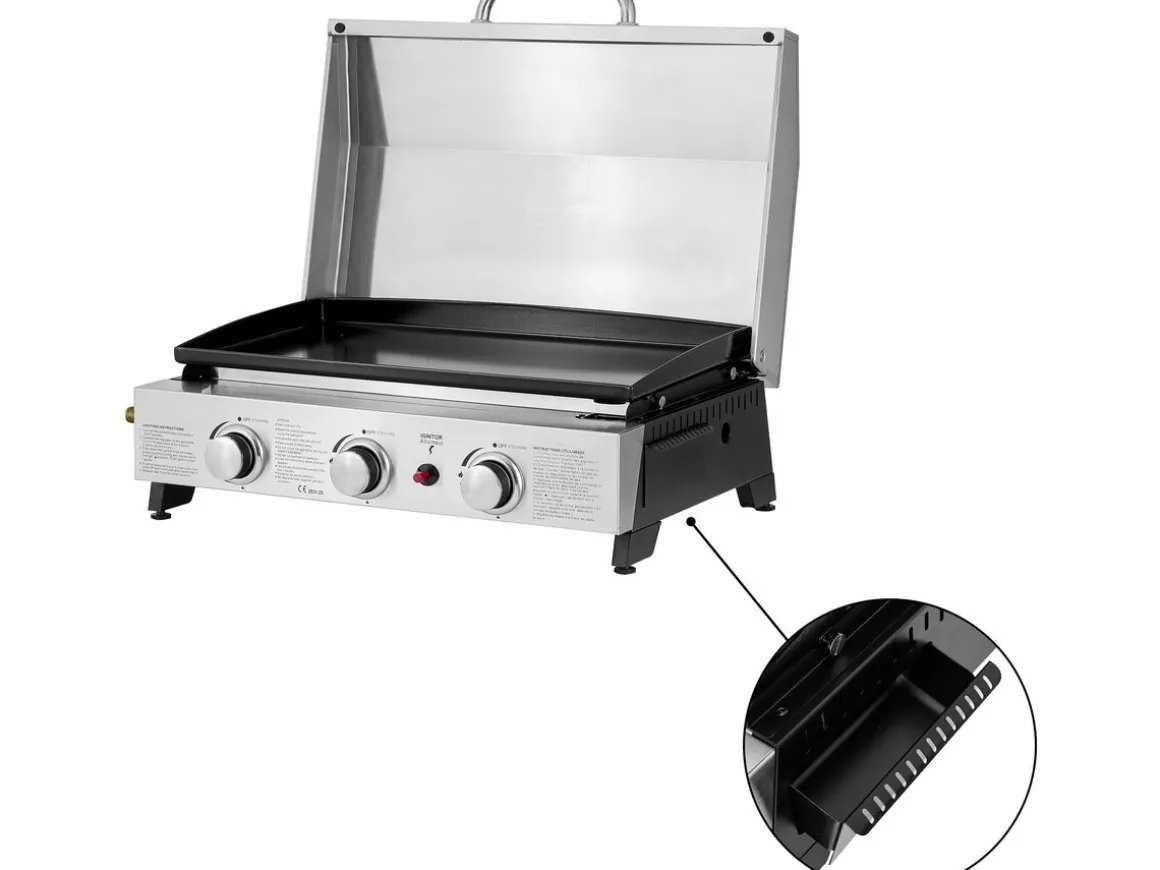 Plancha à gaz avec 3 bruleurs et couvercle en métal "Fasto" - 7,5 kw - Gris