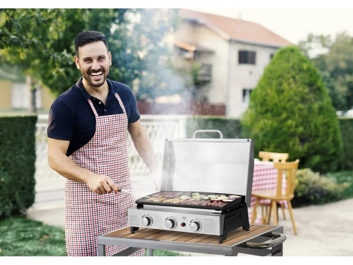 Plancha à gaz avec 3 bruleurs et couvercle en métal "Fasto" - 7,5 kw - Gris