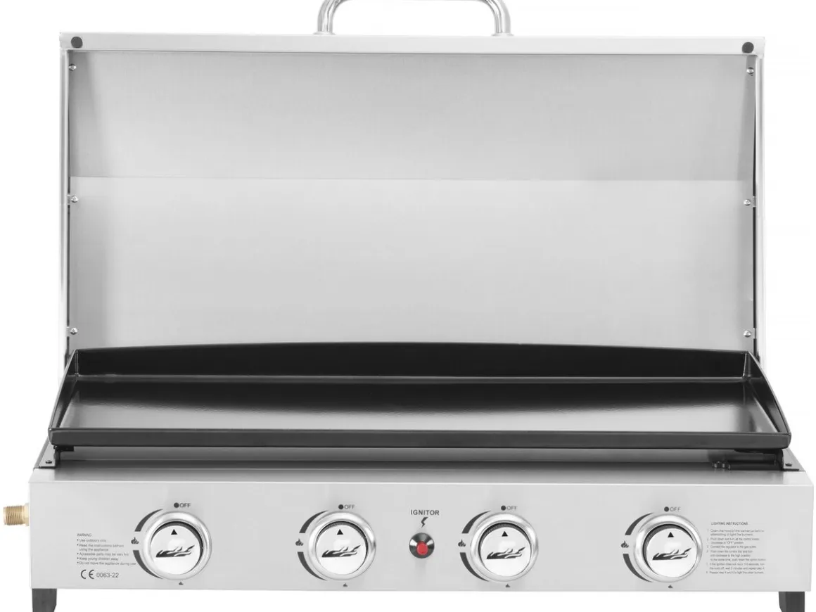 Plancha à gaz en inox avec 4 bruleurs et couvercle "Fasto" - 10 kw - Gris