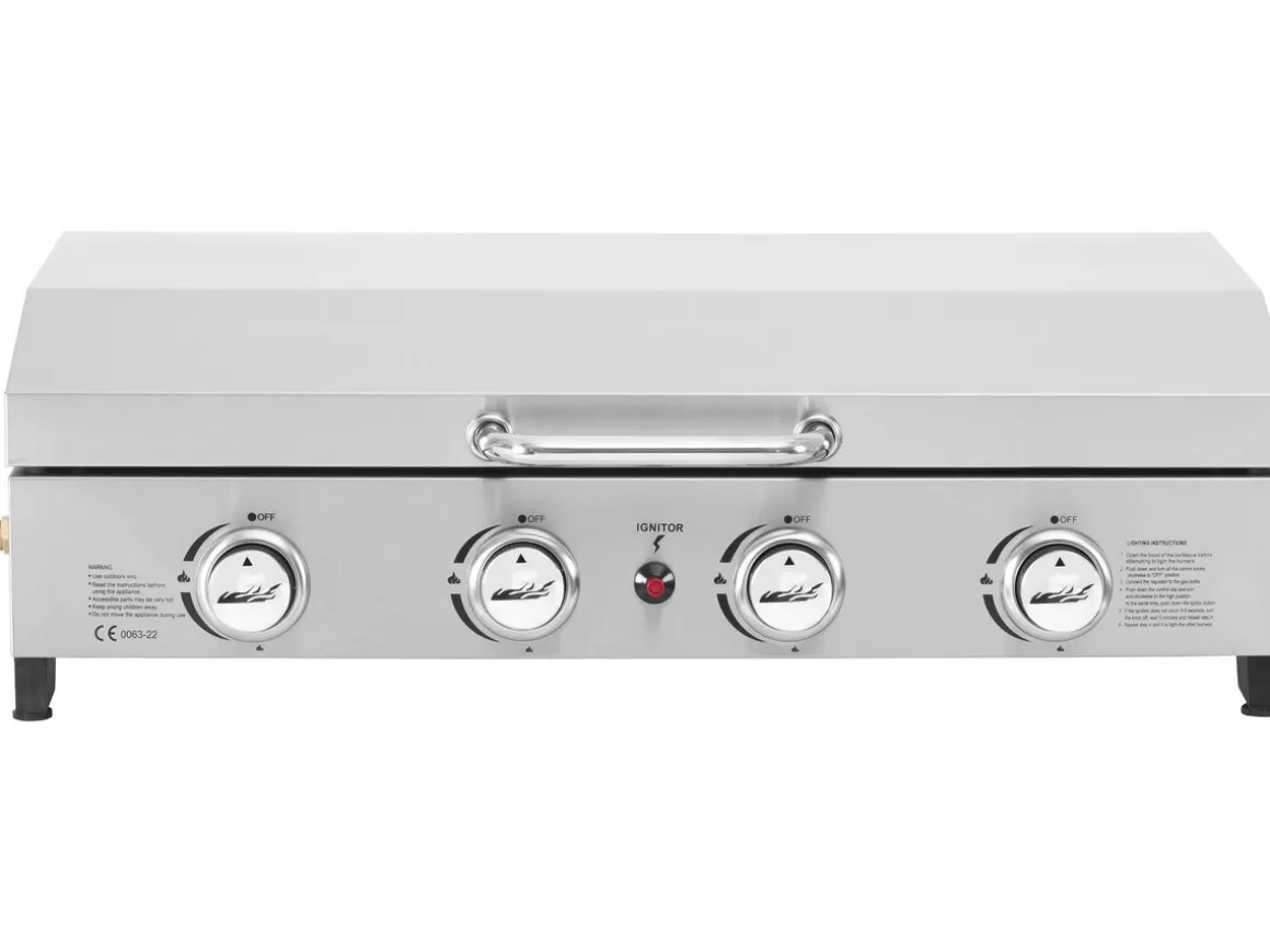 Plancha à gaz en inox avec 4 bruleurs et couvercle "Fasto" - 10 kw - Gris