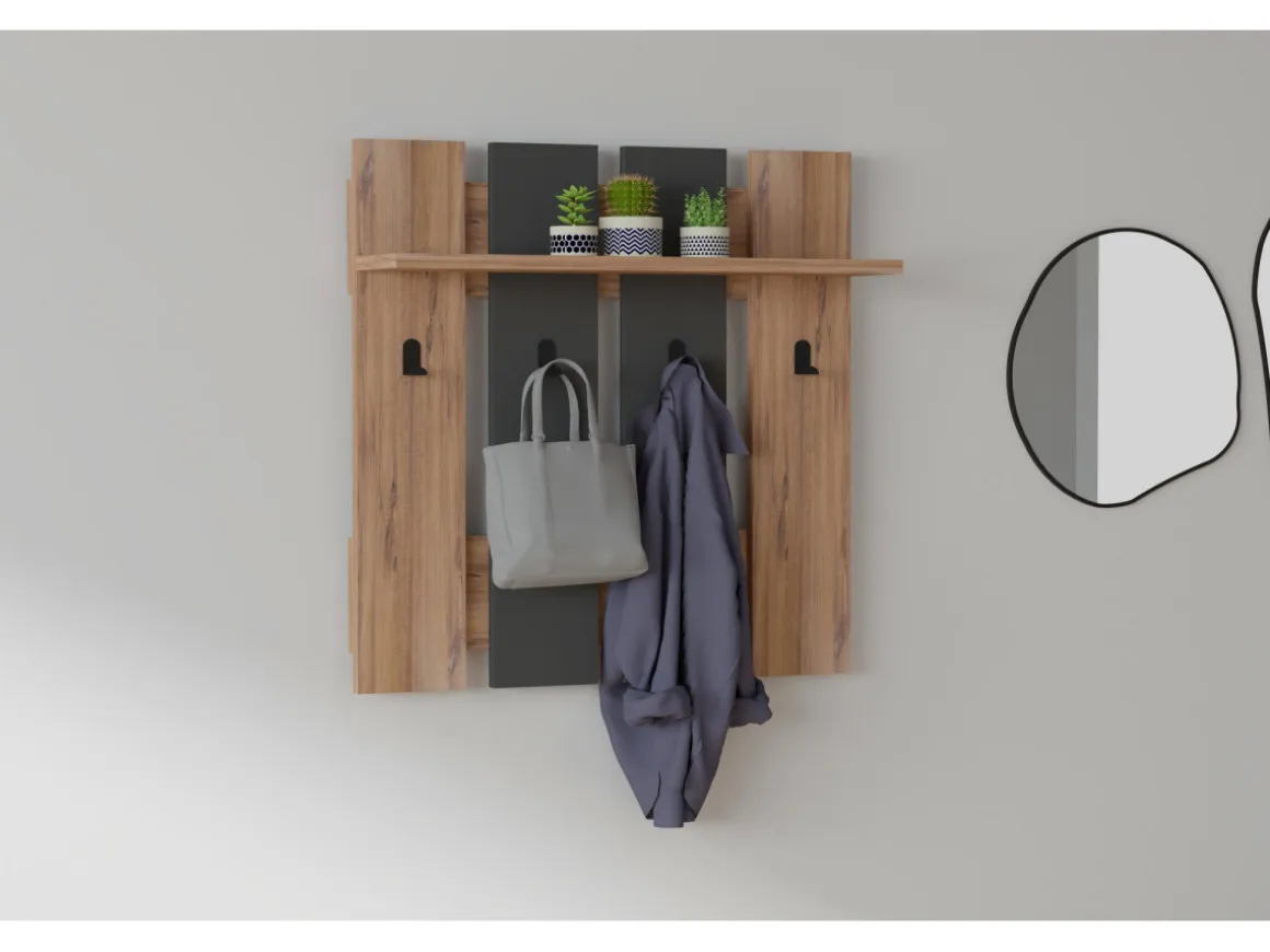 Porte-manteau mural avec étagère en bois "Mita" - 70 x 14 x 70 cm - Gris anthracite