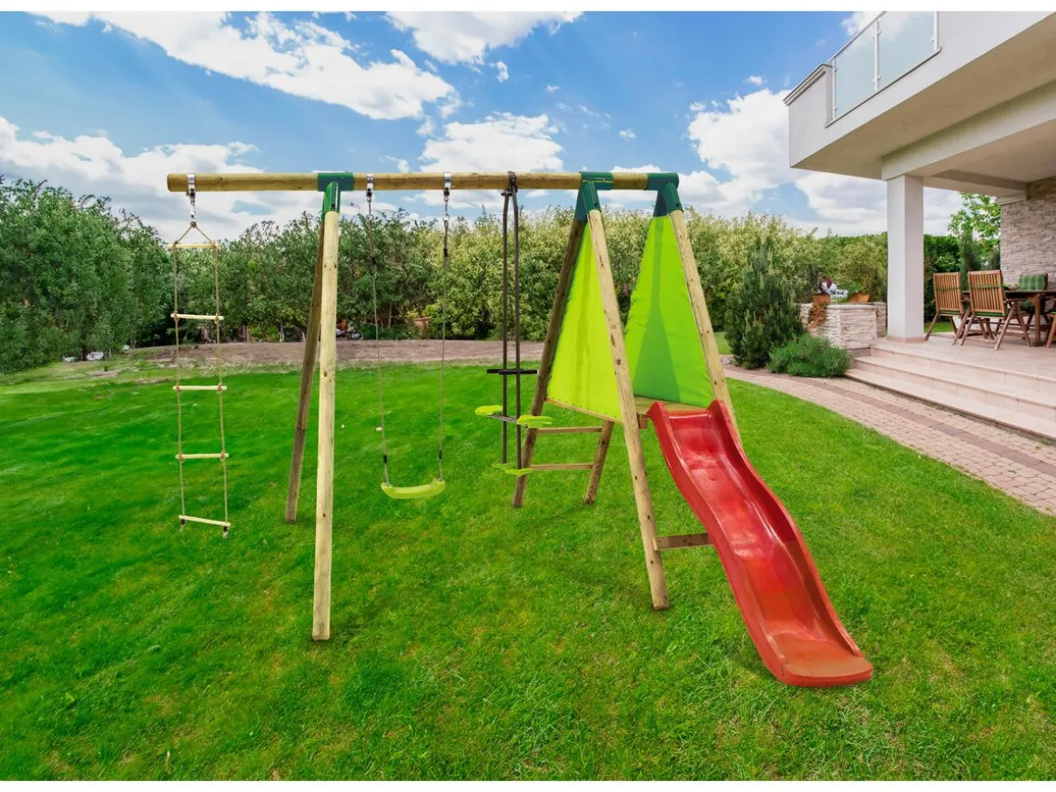 Portique Bois "Kida" - Avec 1 Toboggan - 1 Balançoire - 1 Face à face - 1 Nacelle.