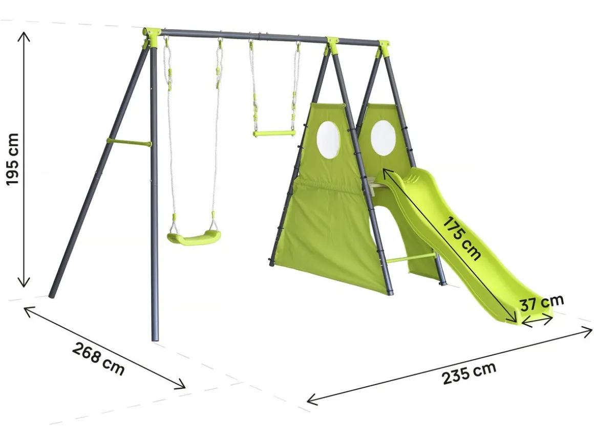 Portique de jeu en métal avec toboggan "Kylian" - 4 agrès - Vert