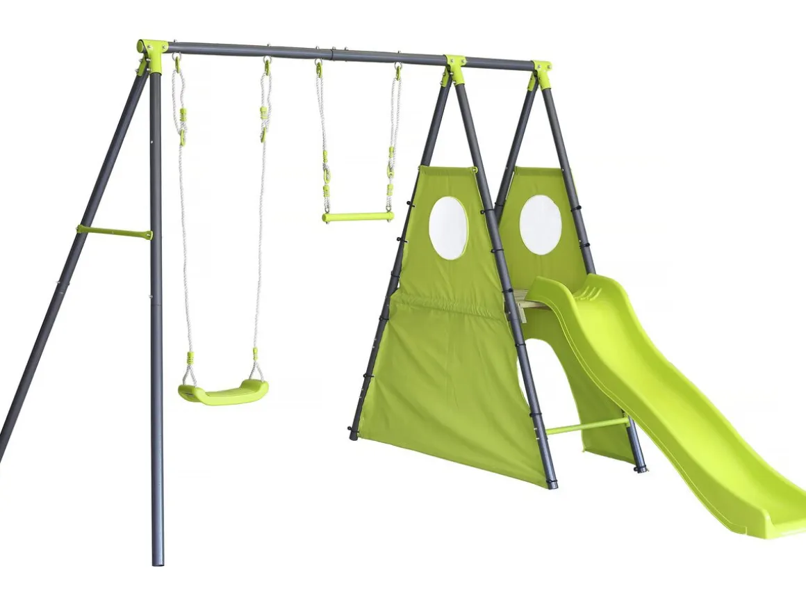 Portique de jeu en métal avec toboggan "Kylian" - 4 agrès - Vert
