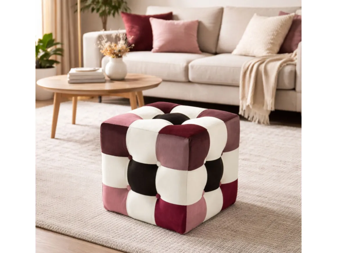 Pouf en velours "Patchwork" - 42 x 42 x 42 cm - Multicolore