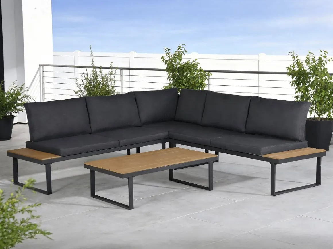 Salon de jardin canapé d'angle décor imitation bois "Fiora" - 5 places - Gris