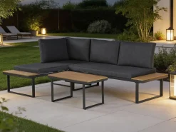 Salon de jardin canapé d'angle décor imitation bois