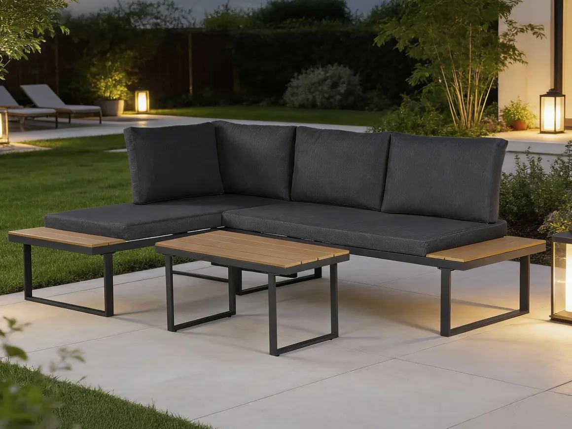 Salon de jardin canapé d'angle décor imitation bois "Liora" - 4 places - Gris