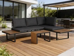 Salon de jardin canapé d'angle modulable décor imitation bois 