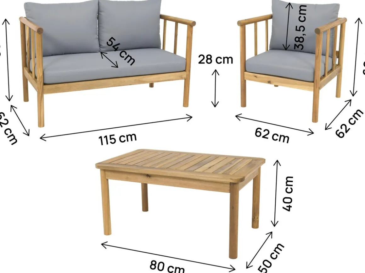 Salon de jardin en bois avec coussins inclus "Milano" - 4 places - Gris