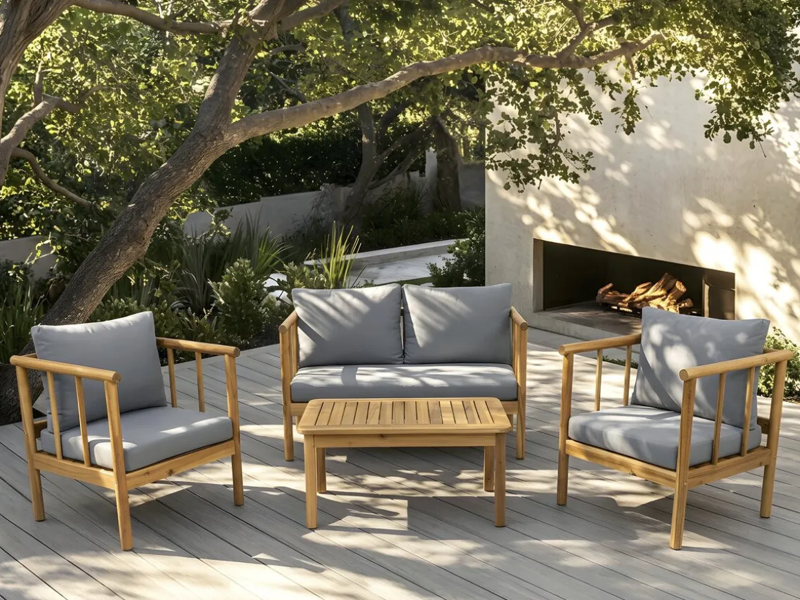 Salon de jardin en bois avec coussins inclus "Milano" - 4 places - Gris
