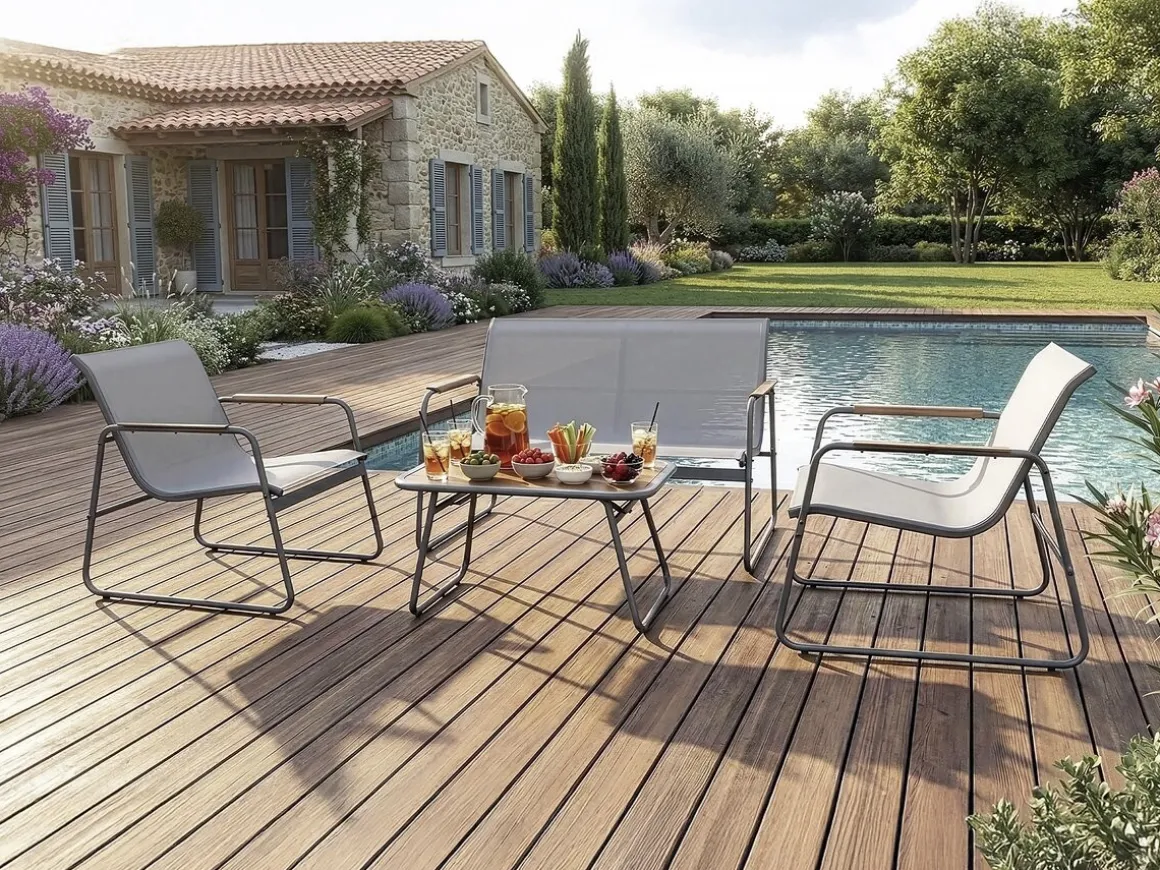 Salon de jardin en métal avec décor imitation bois "Sparta" - 4 places - Gris clair