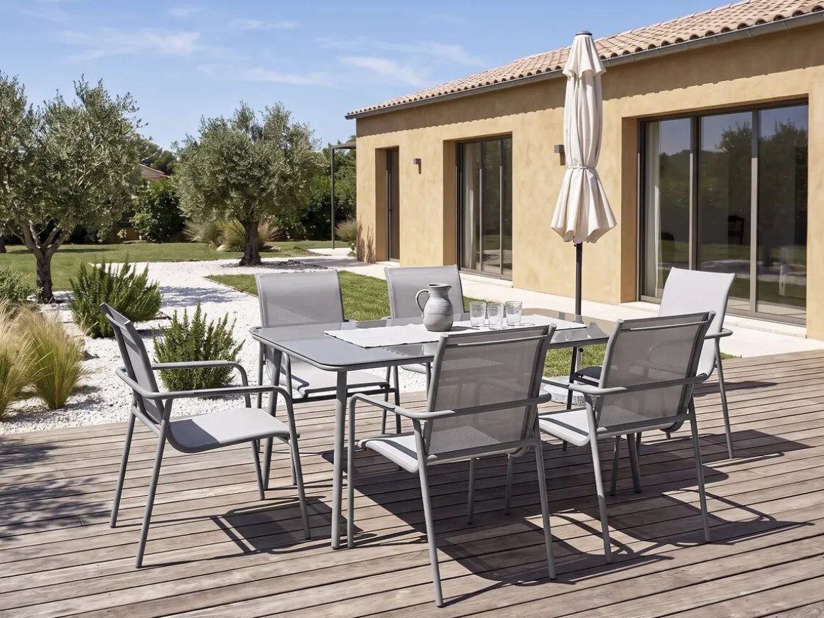 Salon de jardin repas métal "Malaga" - 7 places - Gris
