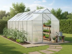 Serre jardin en polycarbonate 430 x 190 x 195 cm "Basilic" - 8,17 m² - Gris
