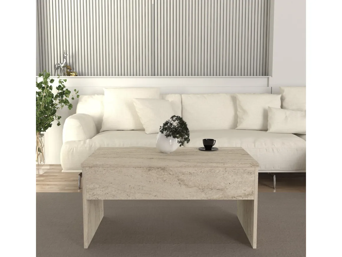 Table basse avec coffre de rangement en bois "Akilli" - 90 x 45 x 52 cm - Travertin