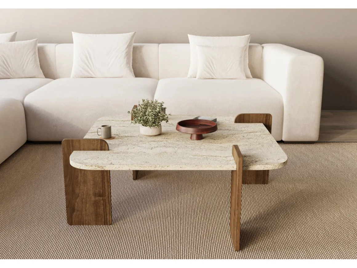 Table basse en bois "Afrolli" - 90 x 90 x 35 cm - Travertin