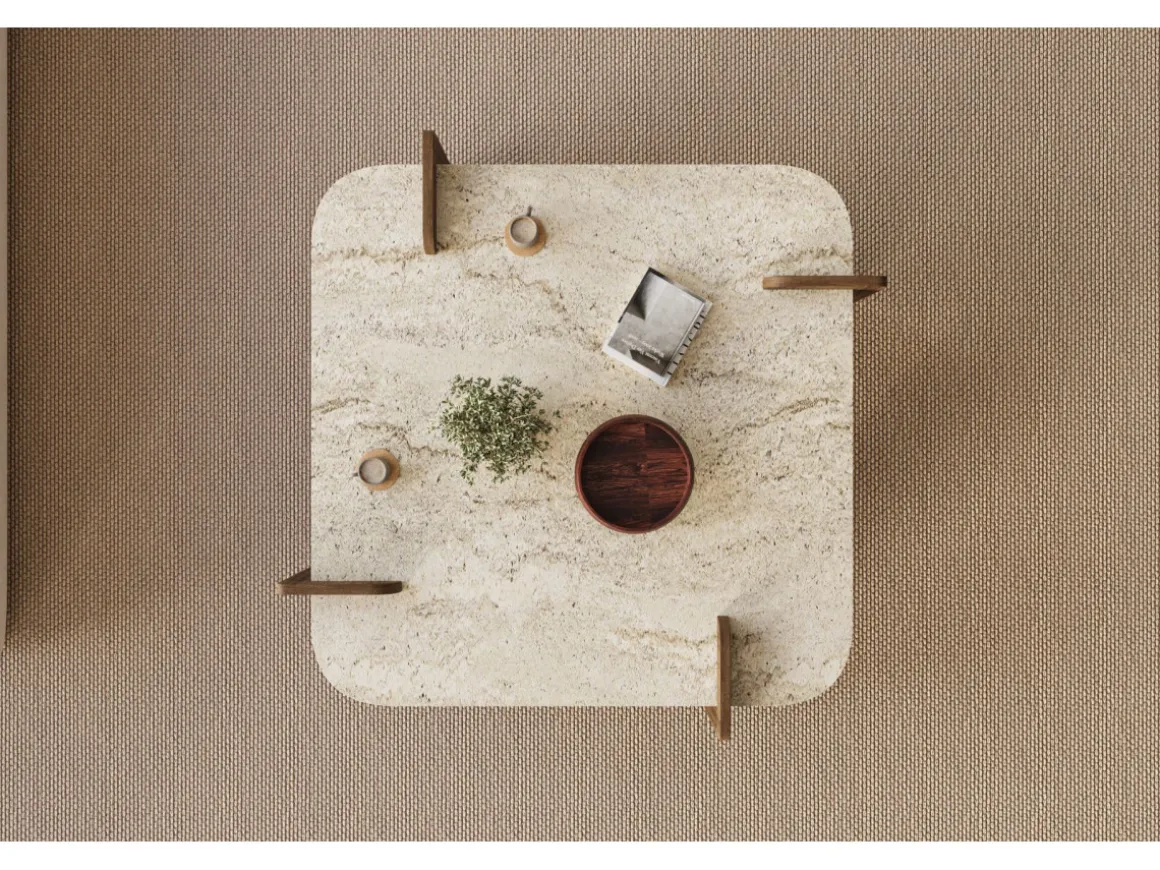 Table basse en bois "Afrolli" - 90 x 90 x 35 cm - Travertin
