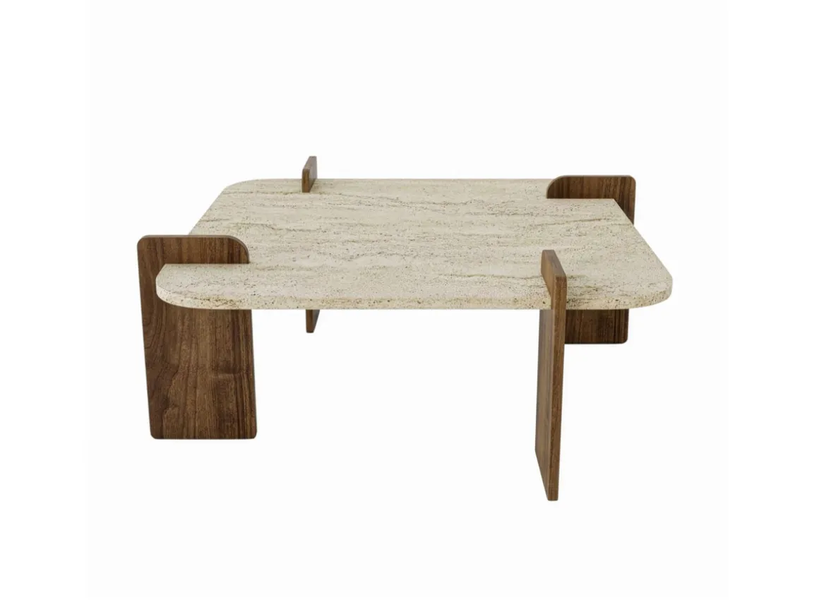 Table basse en bois "Afrolli" - 90 x 90 x 35 cm - Travertin