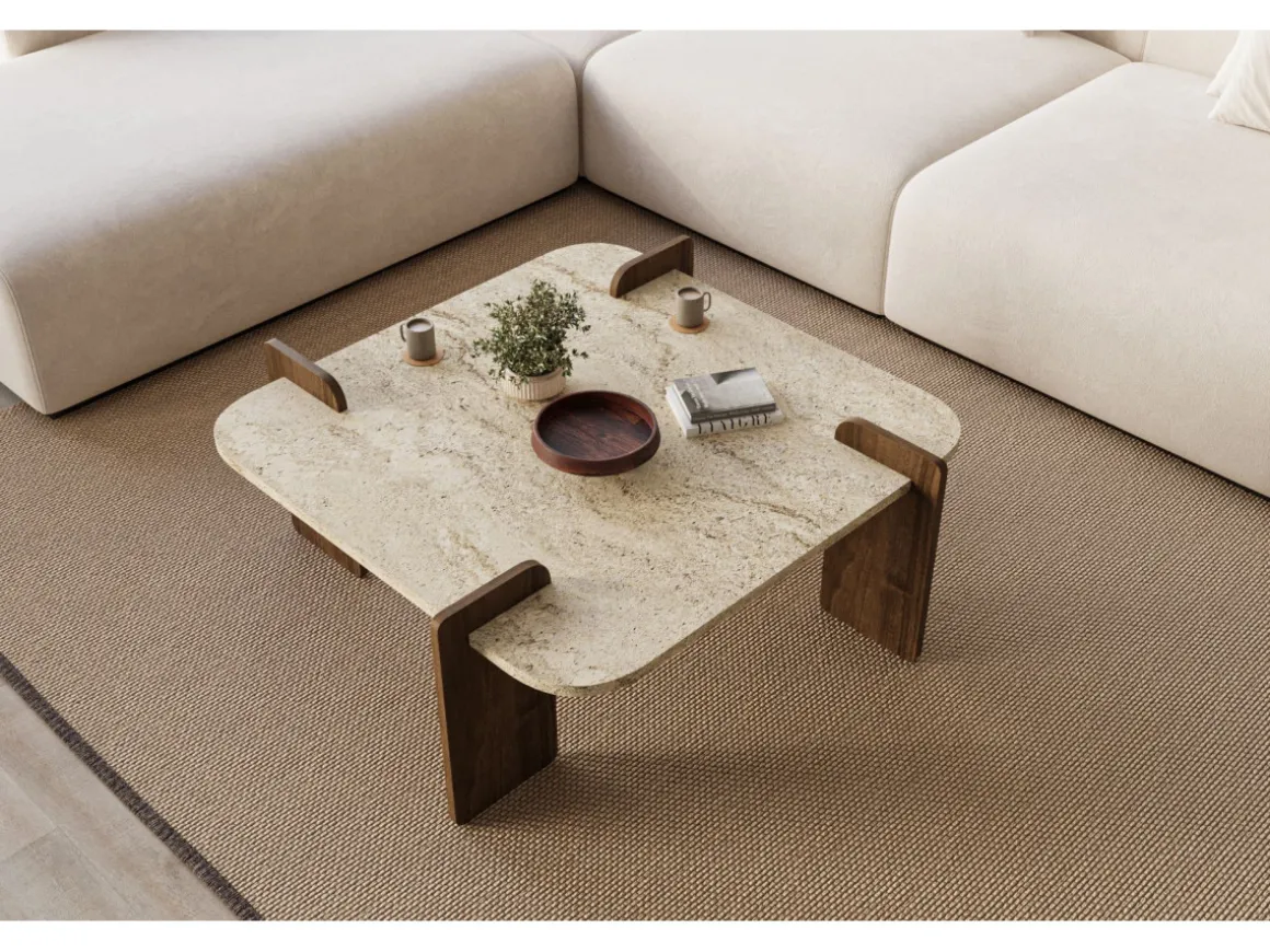 Table basse en bois "Afrolli" - 90 x 90 x 35 cm - Travertin