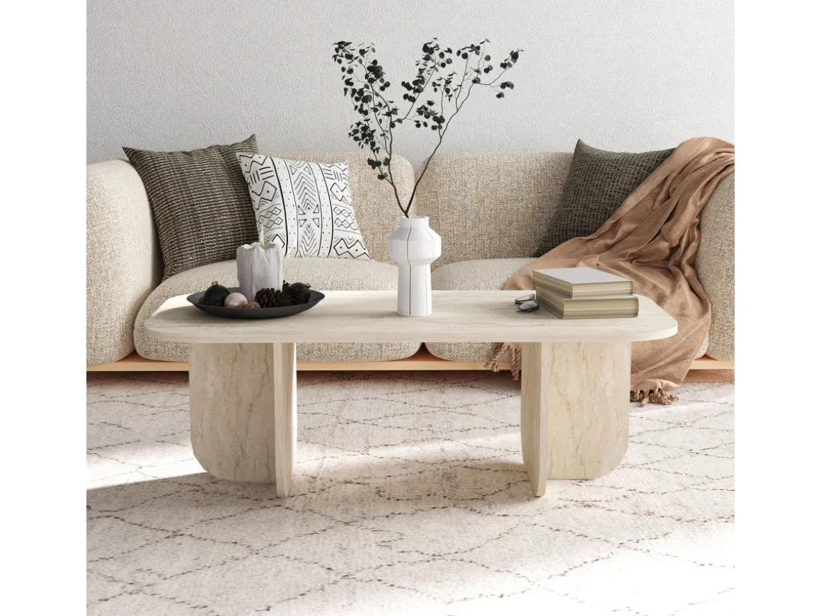 Table basse en bois "Becaj" - 120 x 60 x 41 cm - Travertin