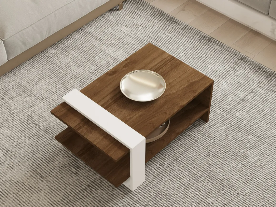 Table basse en bois "Gaye" - 80 x 50 x 35 cm - Noyer, Blanc