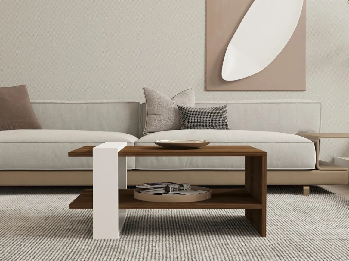 Table basse en bois "Gaye" - 80 x 50 x 35 cm - Noyer, Blanc