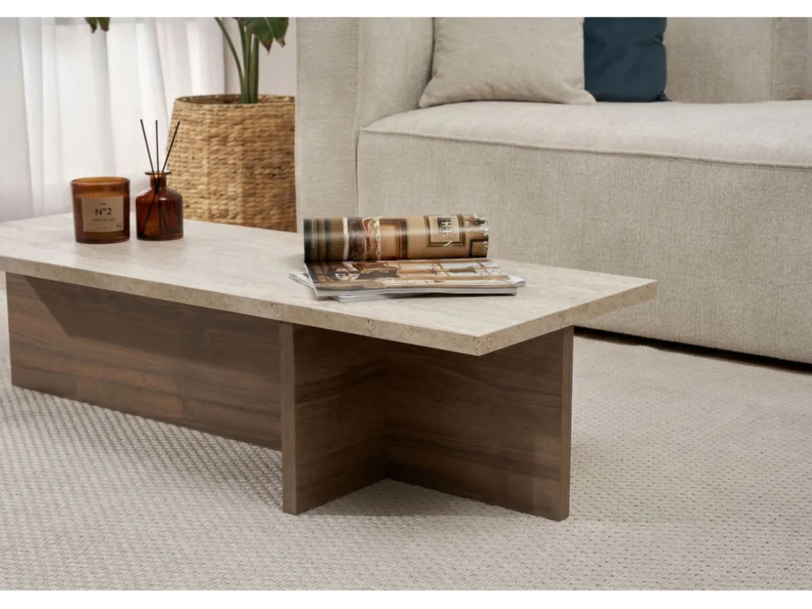 Table basse en bois "Harbor" - 120 x 45 x 30 cm - Travertin