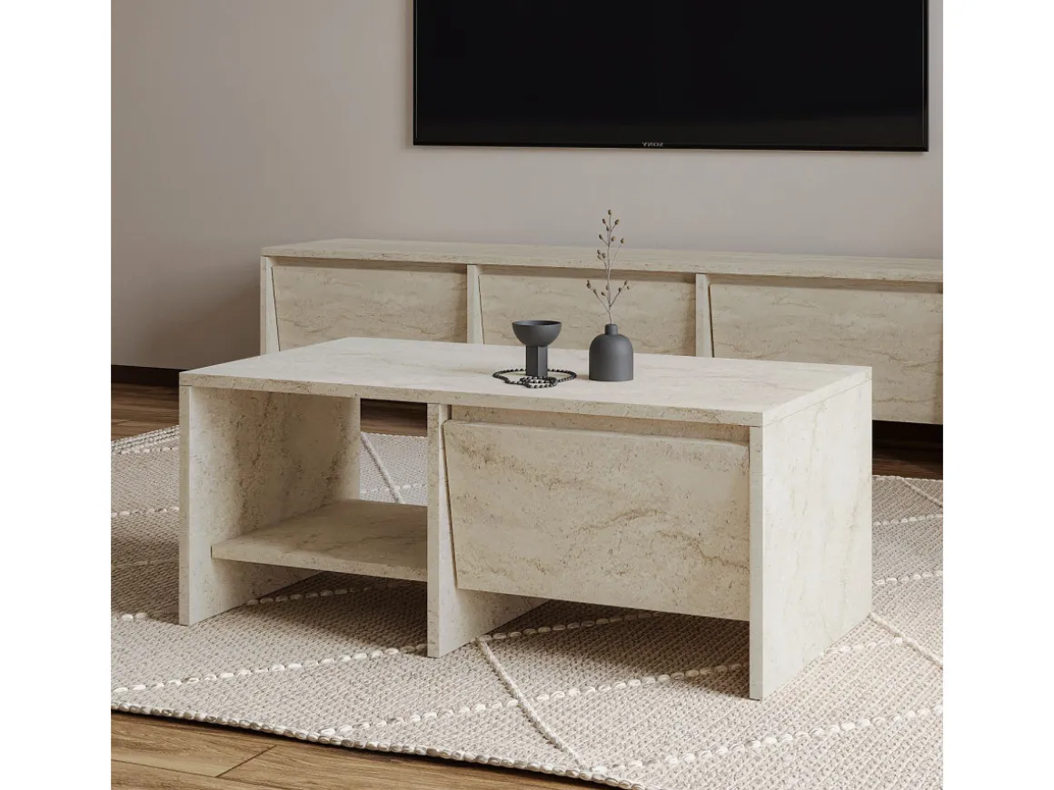 Table basse en bois "Laris" - 90 x 45 x 35 cm - Travertin