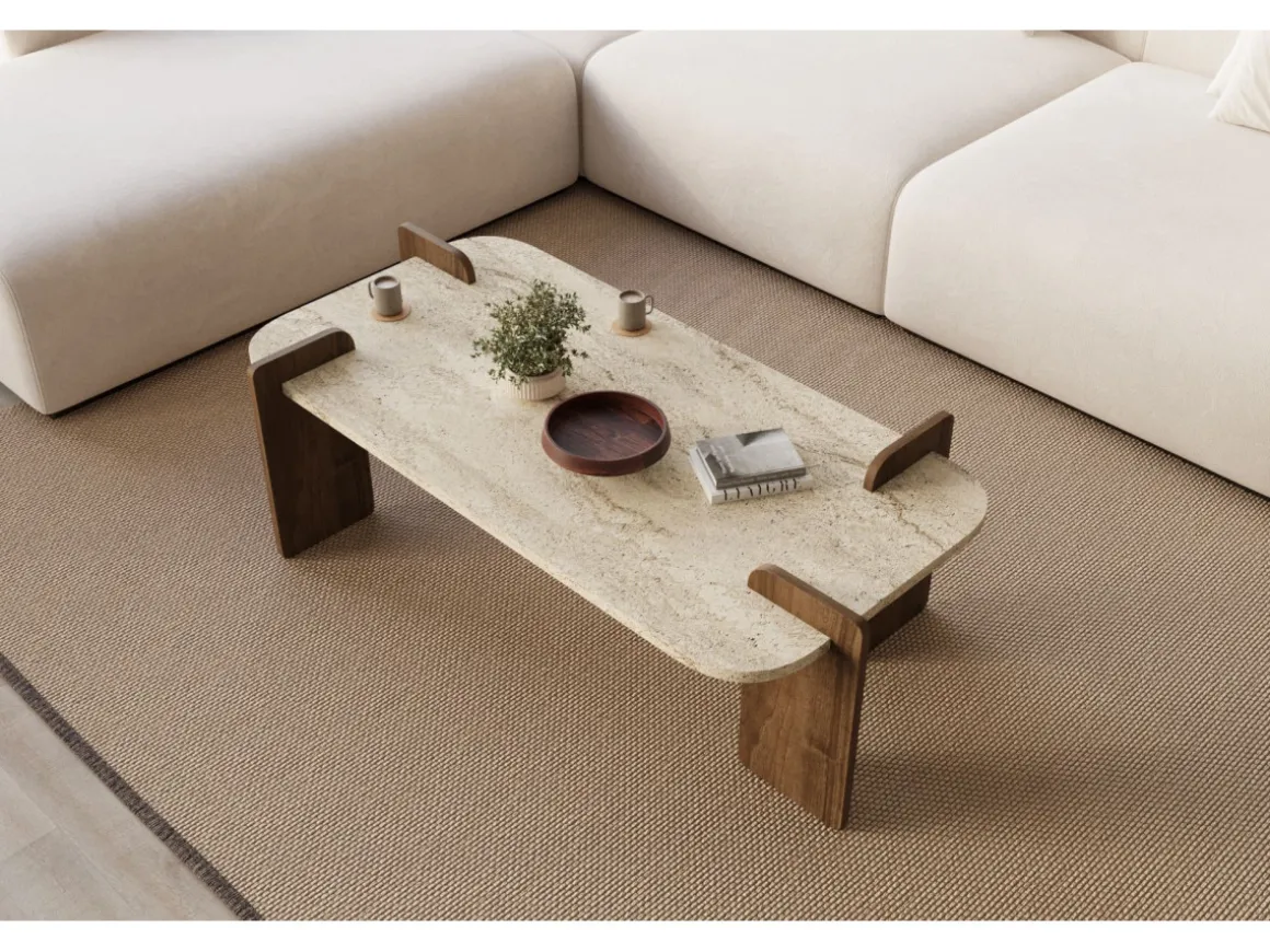 Table basse en bois "Leapiri" - 120 x 60 x 35 cm - Travertin