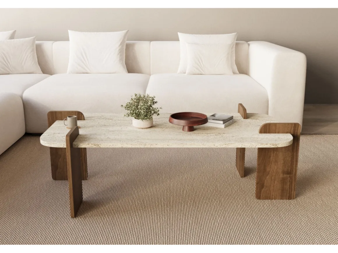 Table basse en bois "Leapiri" - 120 x 60 x 35 cm - Travertin