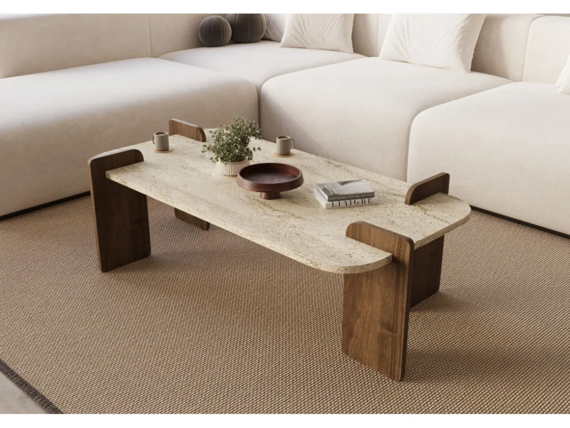 Table basse en bois "Leapiri" - 120 x 60 x 35 cm - Travertin