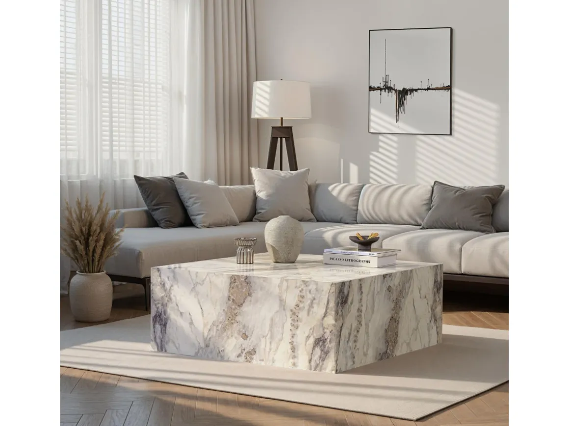 Table basse en bois "Prizma" - 90 x 90 x 35 cm - Marbre Freesia